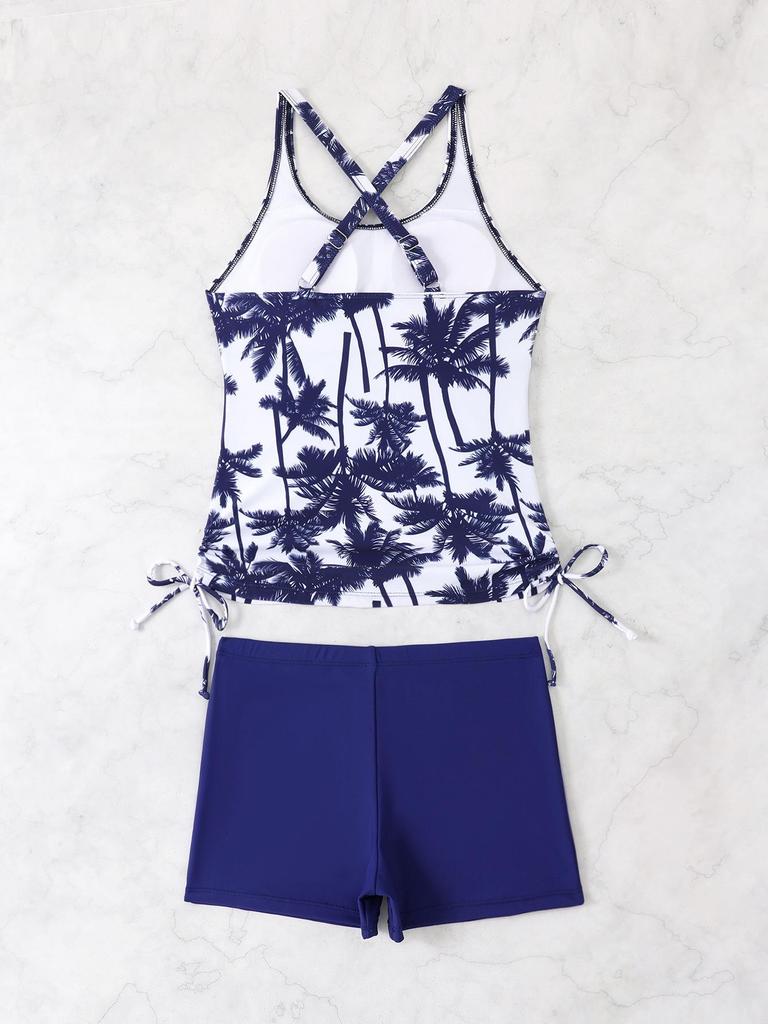 2026 Women's Coconut Tree Print Tankini Set with High-Waisted Briefs