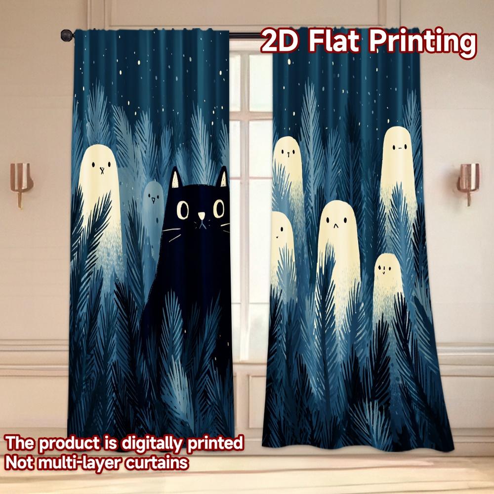 Flat Printing Curtains Without Rod Halloween Night Cat Ghosts Women Is Day Festival Creative Set Of 2 Made Polyester