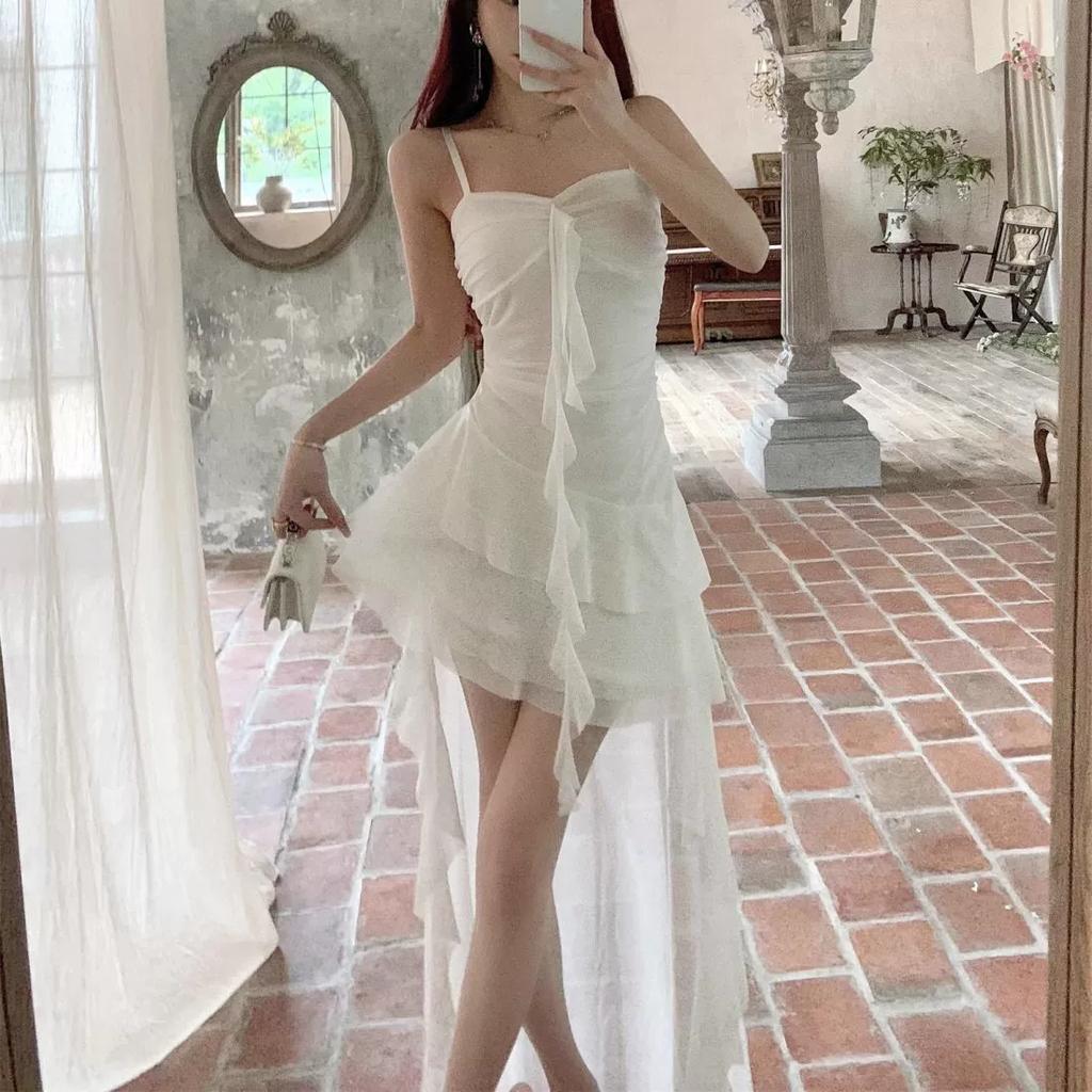 Sexy Spaghetti Strap Ruffle Irregular Bodycon Party Club Evening Dress Women Mesh Suspender Spring Summer Holiday Beach