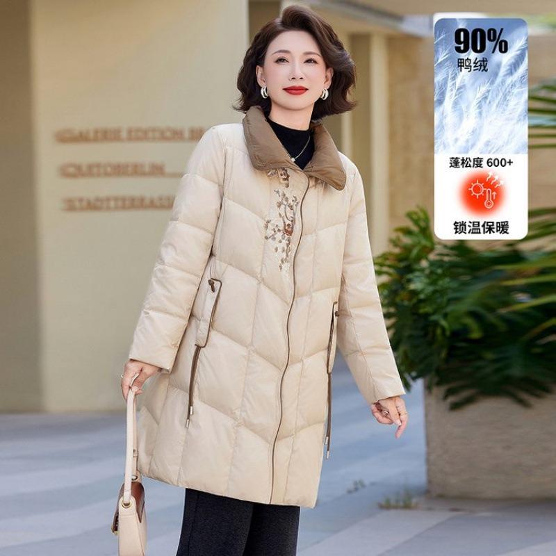 

Легкая зимняя женская одежда из утиного пуха, теплая куртка средней длины, модная для пожилых, зимний пуховик 4XL [recommended 150-80kg] бежевый