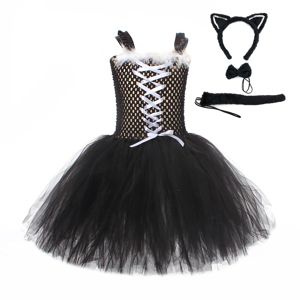 Costume Halloween Chat Noir pour Enfants Animal Robe Tutu Fantaisie avec Oreilles Bandeau Bébés Filles Vêtements Cosplay Tenues Fête d'Anniversaire XXL(10-12T)