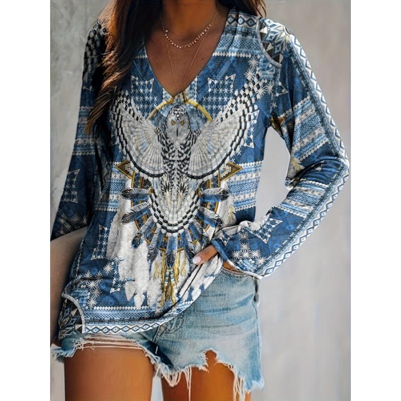 Women s Western-Style Ethnic Print V-Neck T-Shirt — Retro Western-Style Loose-Fit Long-Sleeve Top S