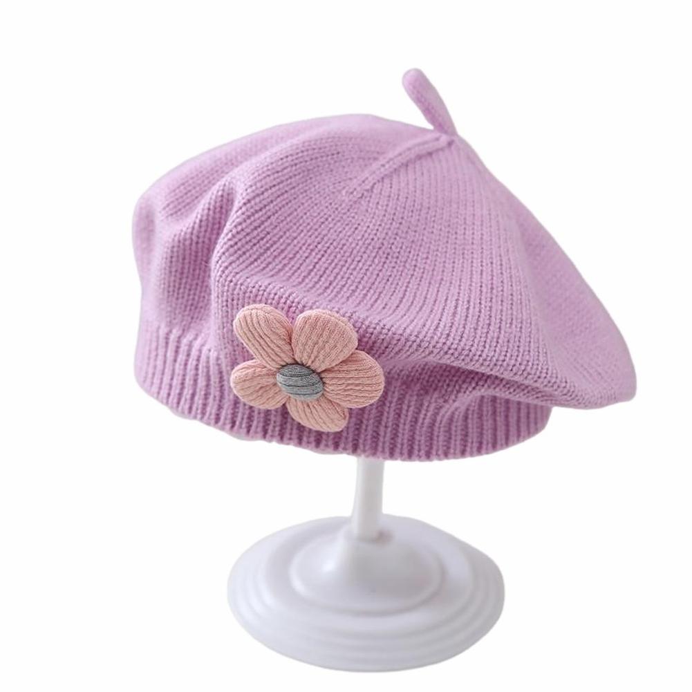 Beret Hat For Baby Girl, Solid Color Knitted Beanie Cap, Cute Flower French Artist Beret Hat, Winter Warm Beanie Cap