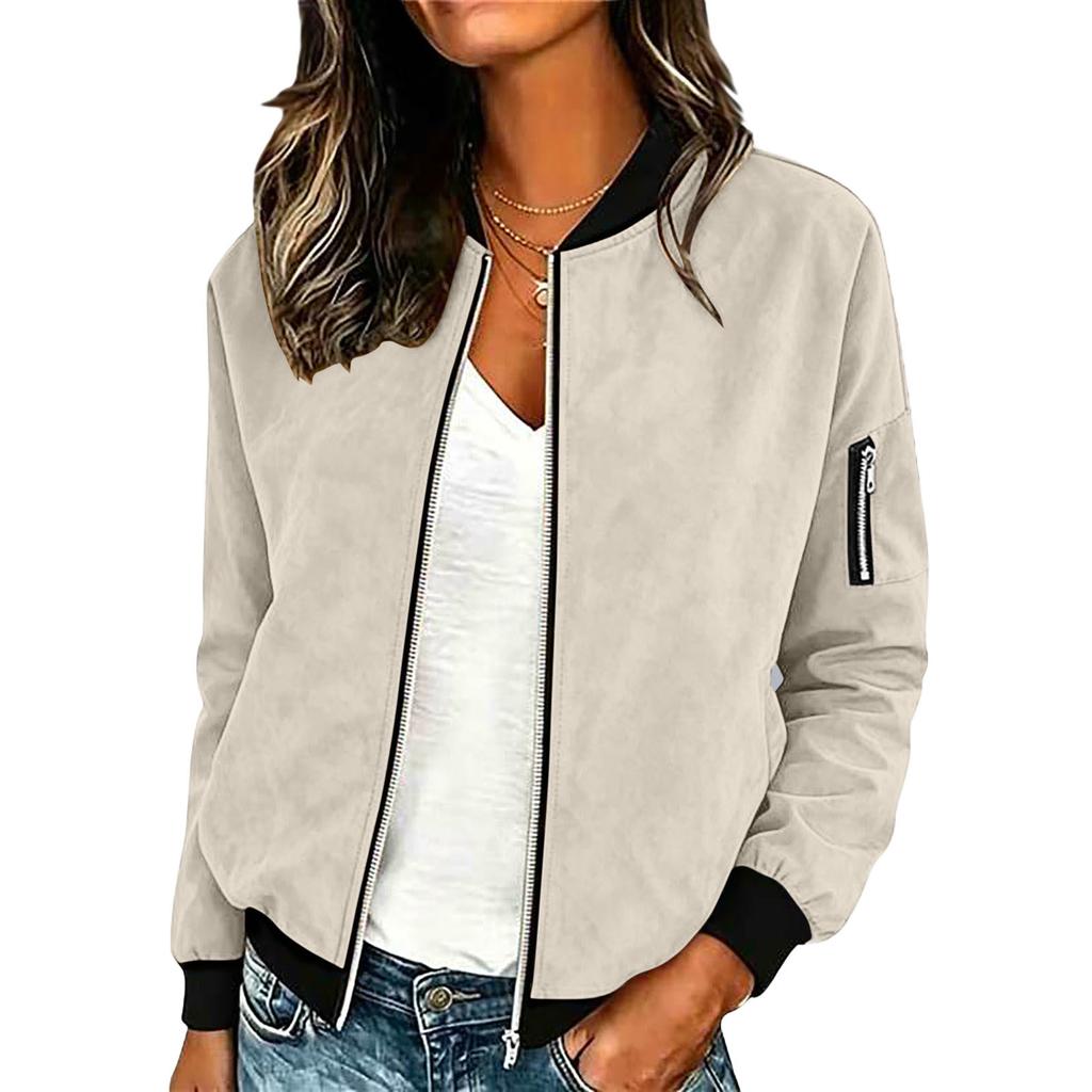 Women's Casual Suede Zip Up Jacket Lightweight Bomber Style Long Sleeve Outerwear with Ribbed Cuffs and Hem for Everyday Wear