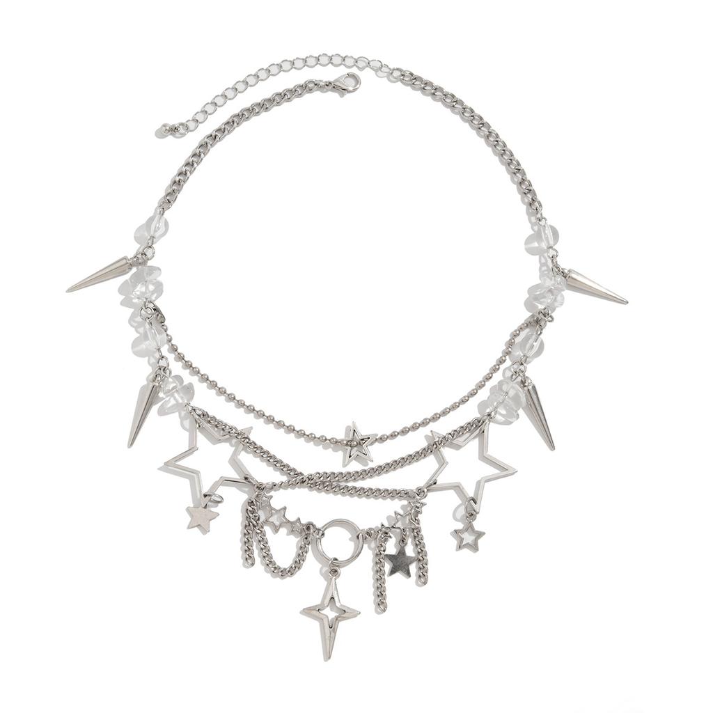 Jewelry Sweet And Cool Metal Chain Necklace, Exaggerated Multi-Layer Stacked Star Tetragonal Star Fringed Necklace