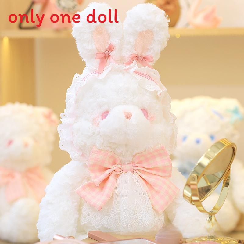 Plush Rabbit Bear Doll With Lace And Checkered Bow Decor For Girls Kids Birthday Gift And Sleep Support