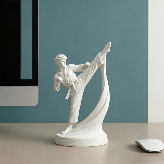 Desktop Ornament 3D Printed Karate Kick Man Statue, White Martial Arts Figurine Sculpture, Study Room Accessory Taekwondo Character Ornament,