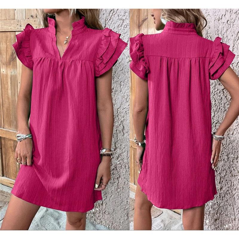 Women's Ruffled Sleeve V-Neck Mini Dress Casual Loose Fit Summer Dress