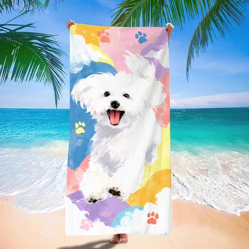 Süßes Strandtuch mit Welpenaufdruck aus weichem, saugfähigem und schnell trocknendem Stoff. Strandtuch ist ein Must-Have-Artikel für Hunde-Geschenktuch