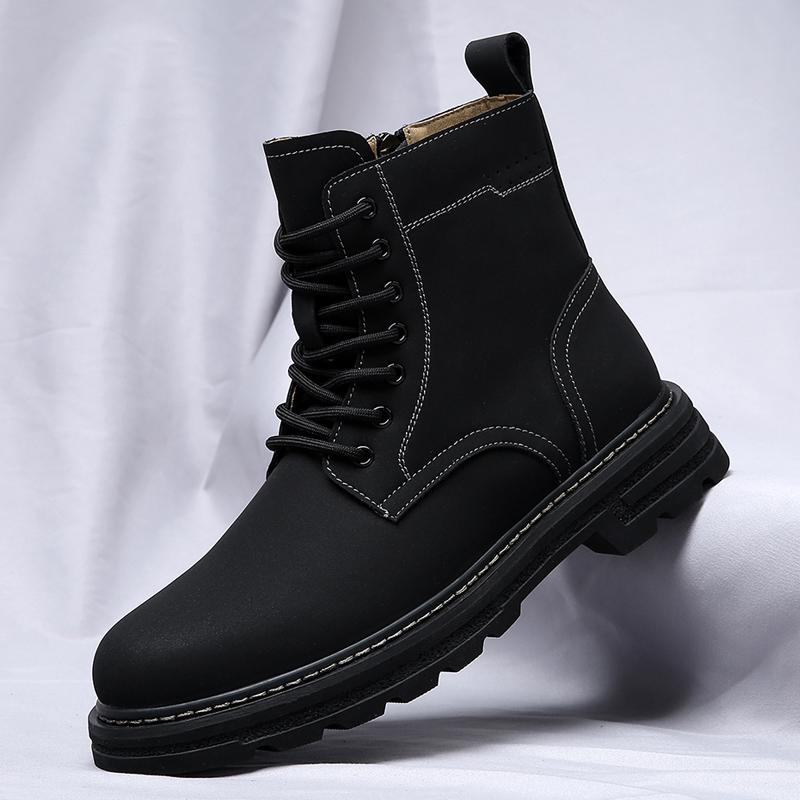 New 2024 Genuine Leather Mid Top Boots Men Thick Sole Classic Yellow/Black British Style Chelsea Boots High-top Men Lace Up Boot
