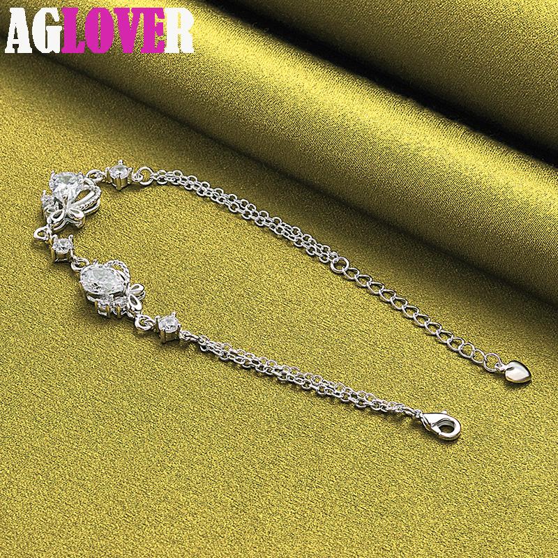 925 Sterling Silver White AAA Zircon Heart Bracelet Jewelry