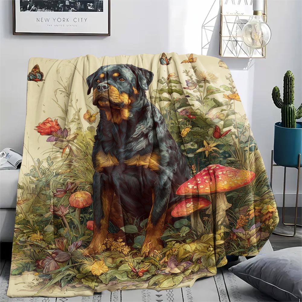 Rottweiler and Grass,pattern Flannel Blanket, High quality Comfortable for All Seasons, Home Decor, Warmth and Comfort, Perfect for Gifts.