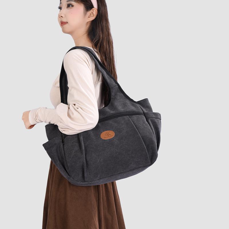 Vintage Women's Bag Large Capacity Canvas Tote Bag Solid Color Portable Shoulder Bag
