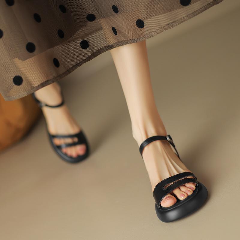 Pantofi cu talpă groasă, cu toc gros, Sandale cu o baretă, de vară pentru femei, cu vârf deschis, din piele moale, pantofi casual confortabili