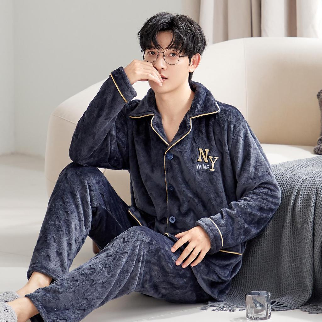 Men's Autumn/Winter Flannel Lapel Pajamas - New Arrival, Plus Velvet, Thickened Coral Fleece Homewear
