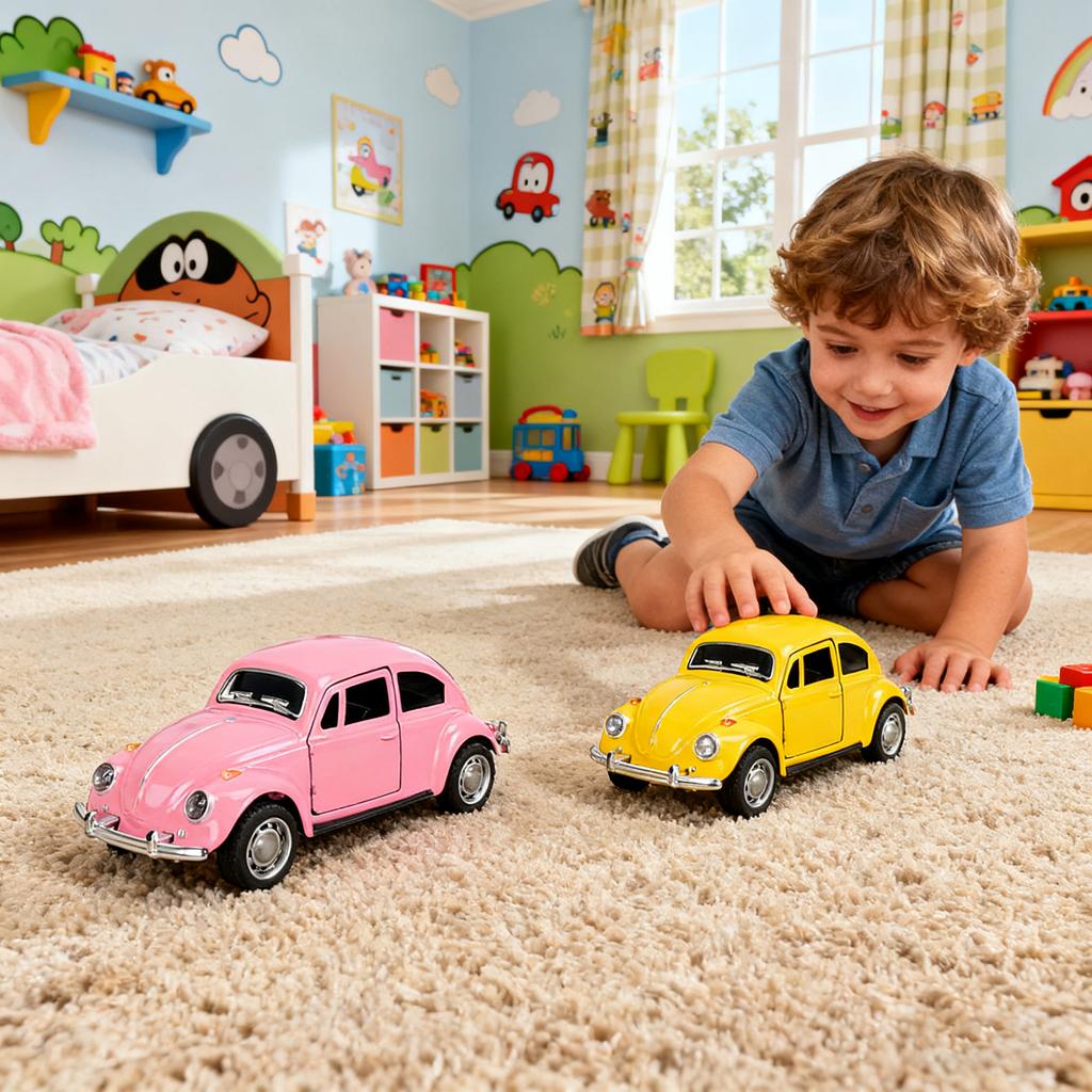 1pc 1:32 Vintage Beetle Alloy Car Model Yellow/Pink Door Opening Boy Gift Idea Children Toy Auto Desktop Holiday Decoration Christmas gifts