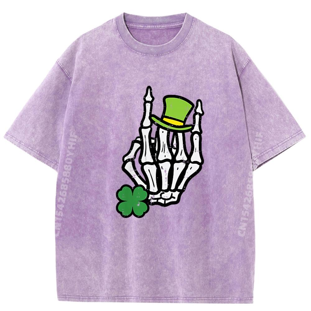 St Patricks Day Skeleton Hand Rock Pocket Saint Pattys Men Luxury Designer Mens Funny Washed Shirt Leisure