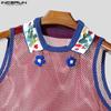 INCERUN Men Sleeveless Mesh See Through Stitching Flowers Embroidery Tank Tops