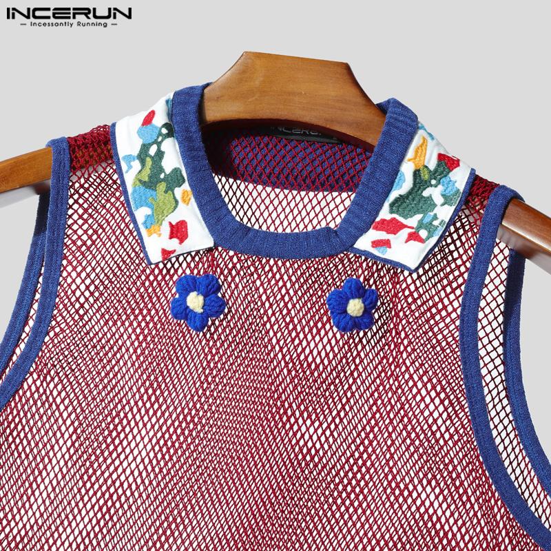 INCERUN Men Sleeveless Mesh See Through Stitching Flowers Embroidery Tank Tops