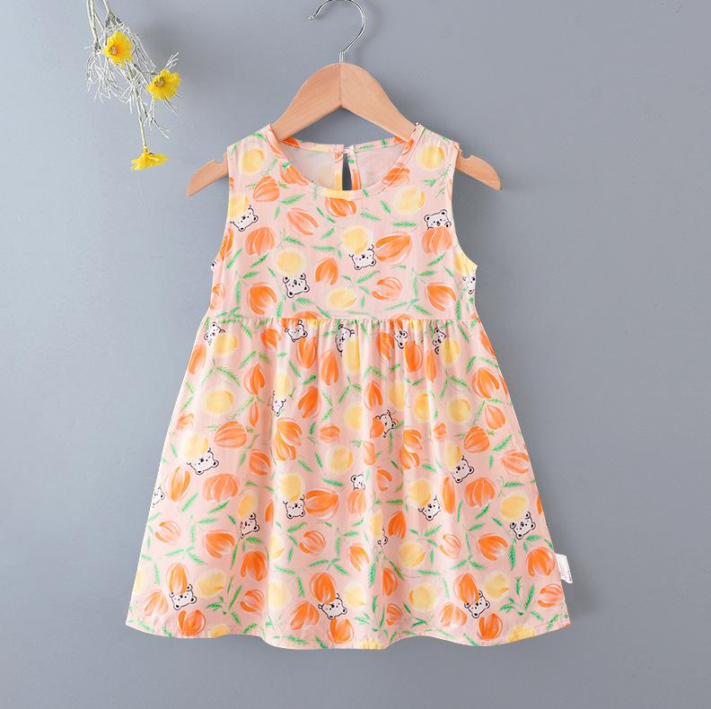 Girls' Floral Summer Princess Beach Dress, Cotton Silk Tank, A-line Skirt