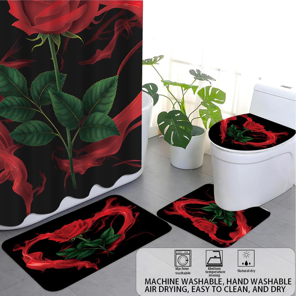 4pcs Valentine's Day Rose Print Bathroom Set 180x180 Waterproof Shower Curtain with 12 Hook, Floor Mat, Toilet Mat, U-shaped Mat