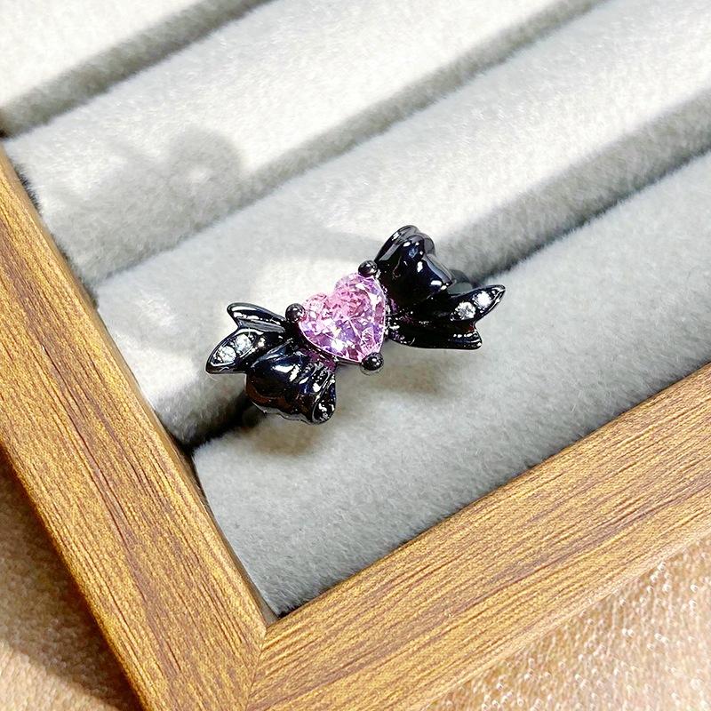 Dark Punk Personality Bow Love Zircon Stacked Open Ring Niche Genderless Style High Sense Ring