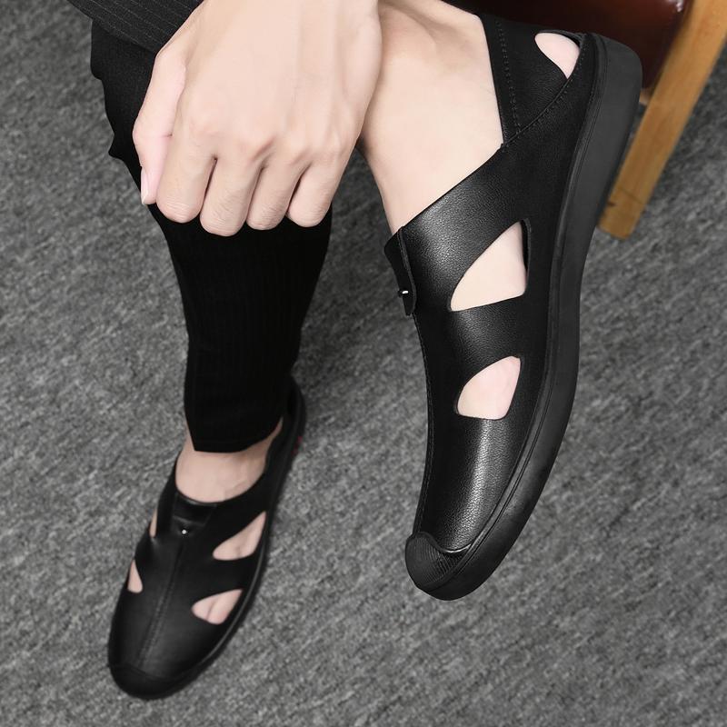 Brand Men's Fashion Cowhide Breathable Casual Headed Sandals Summer Outdoor Lightweight Hollow Soft Sole Casual Leather Shoes