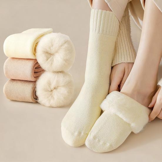 1 Pair Women Winter Socks Solid Color Ribbed Cuffs Thickened Plush Lining Sleeping Socks Autumn Winter Daily Wear