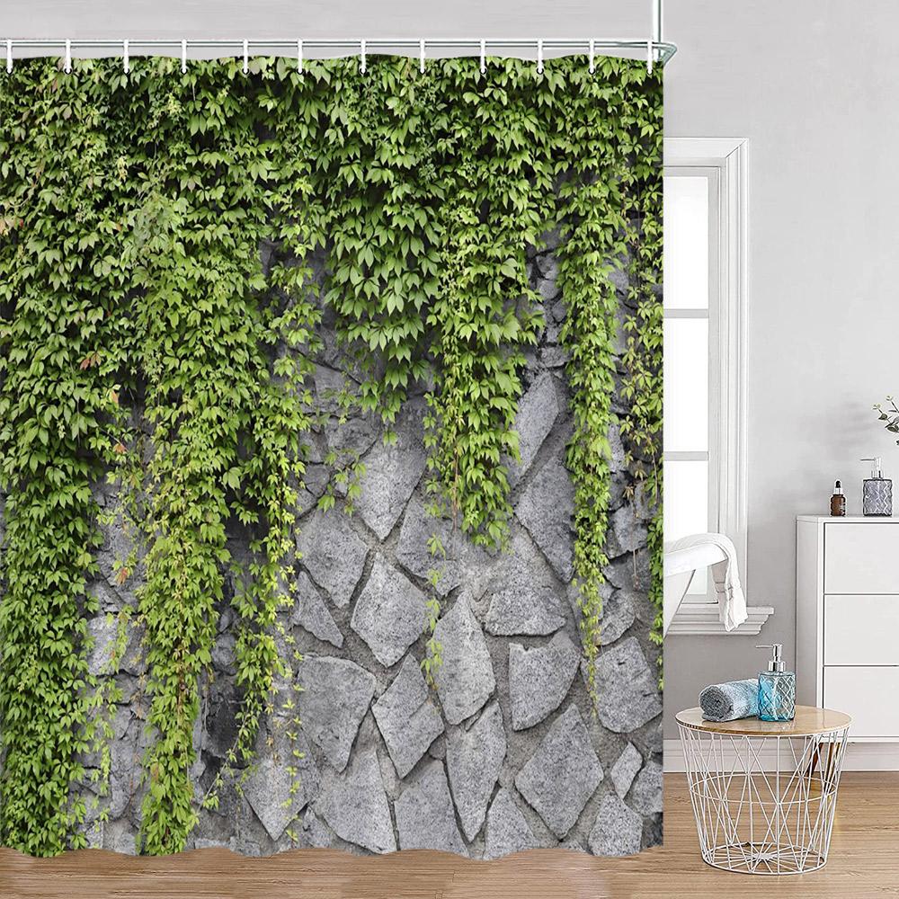 Green Vines Wall Shower Curtains Green Plants Greenery Bathroom Decorations Vintage Landscape Polyester Bath Curtains With Hooks