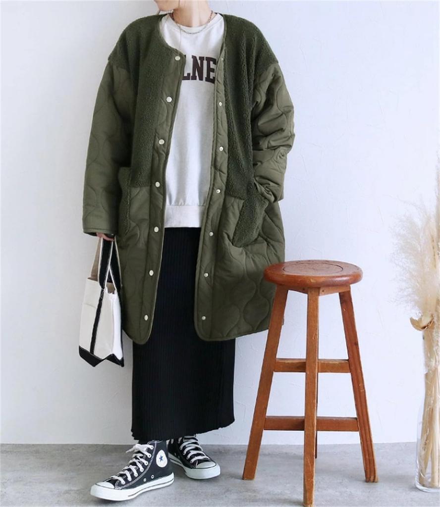 Quilted Long Slimming Winter Loose Fit [kisetsumate] Women's Jacket, Outerwear, No-Collar Boa, Coat, Lightweight, Warm, Padded, (Free Size, Green)