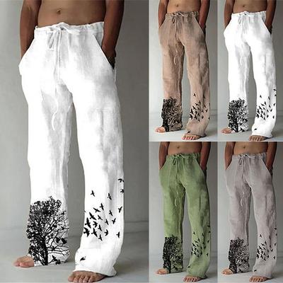 Men's Cotton and Linen Hand-printed Loose Casual Drawstring Trousers