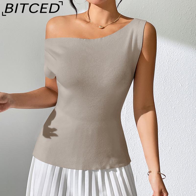 BITCED Versatile Solid-Colour Sleeveless Knit Vest Seductive Fitted Knit T-Shirt Designer Off-Shoulder Top