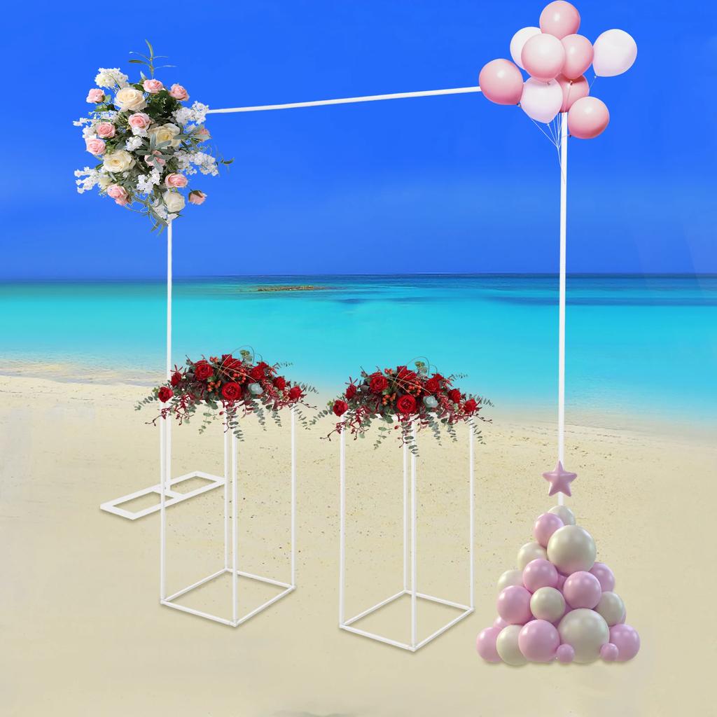 Large 2x2m Wedding Balloon Arch Stand with 2 Square Flower Stands, White Backdrop Frame, Modern Floor Mount Decor for Birthday