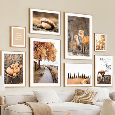 Autumn Decoration Canvas Poster Yellow Tree Leaves Fall View Wall Art Print Pumpkin Painting Fox Picture Living Room Home Decor