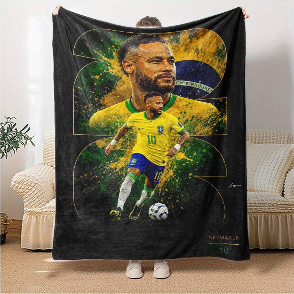 Brazil National Football Player Portrait Print Flannel Blanket Green Splash Background Soft Throw Blanket Soccer Fan Bedroom Decor