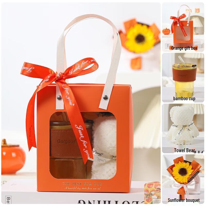 Elegant Bamboo Cup Celebration Gift Set Bamboo Cup, Towel Bear & Flower