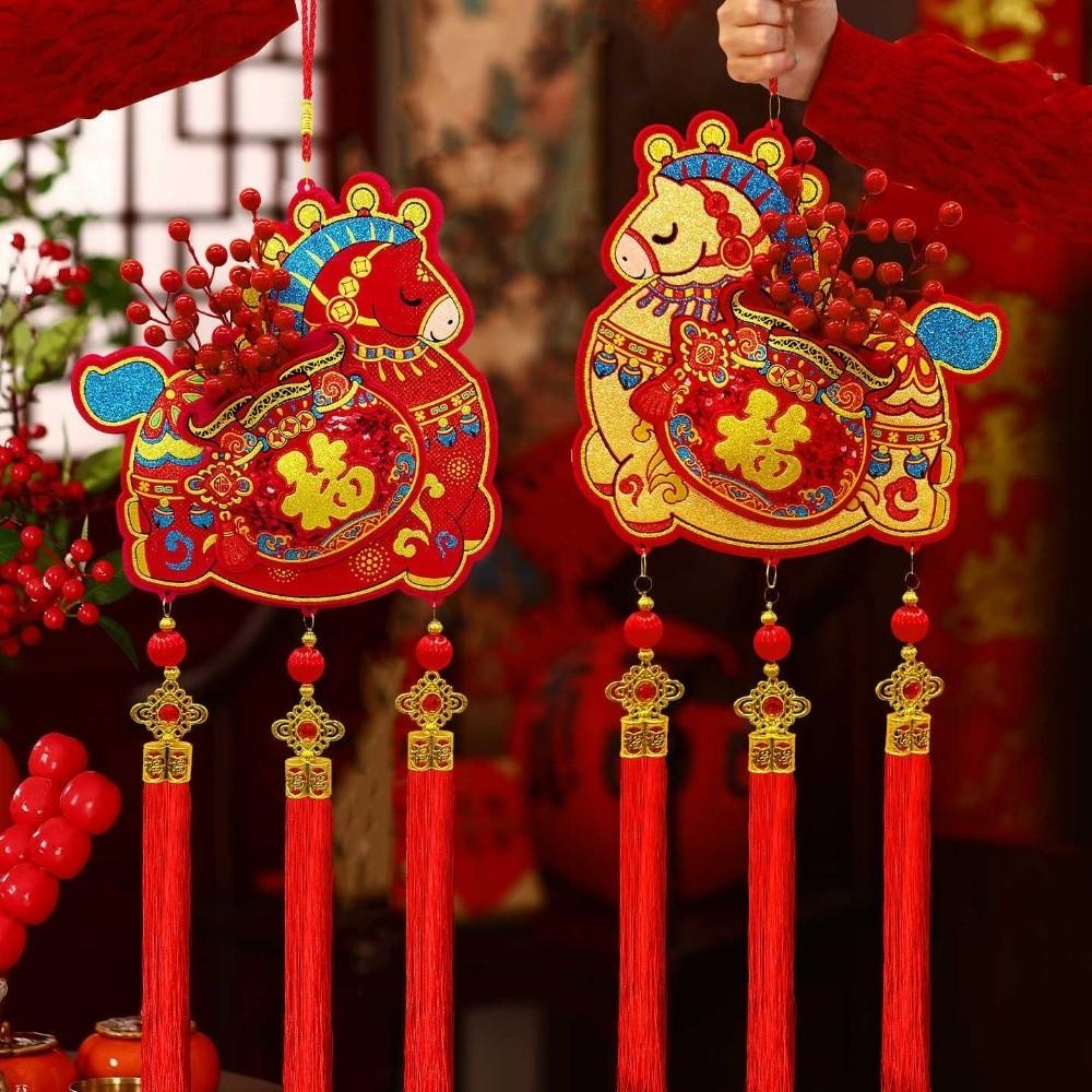 Flocking Chinese Lucky Character Pendants Handmade with Tassels Red Horse Hanging Ornament Blessing Traditional