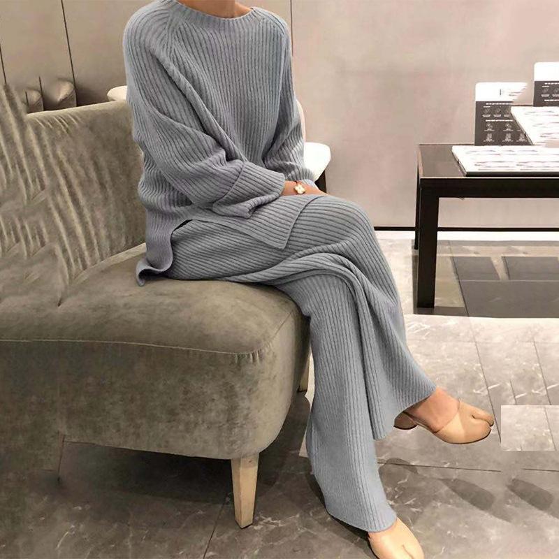 Women's Solid-Color Knit Casual Two-Piece Set with Long Sleeves for Fall/Winter
