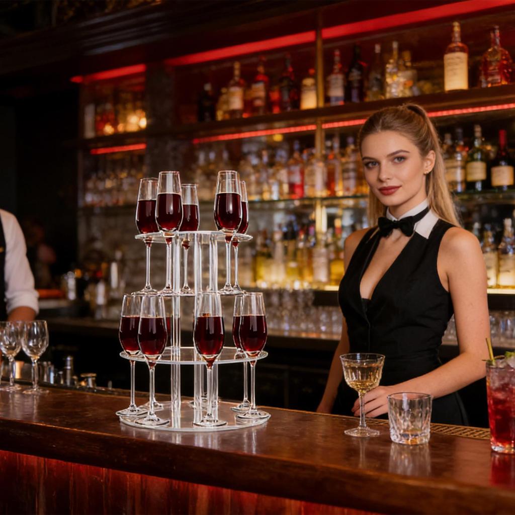 Cocktail Tree Stand for Drinks 2-Tier Glassware Rack with 12 Slots Round Acrylic Floating Champagne Glass Tower for Party