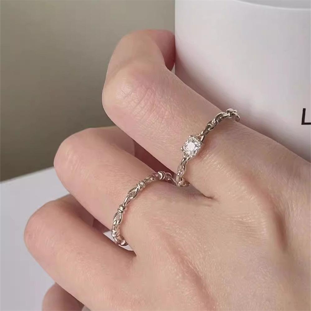 Korean version chain square diamond ring feeling stacked plain ring index finger ring ins wind opening ring