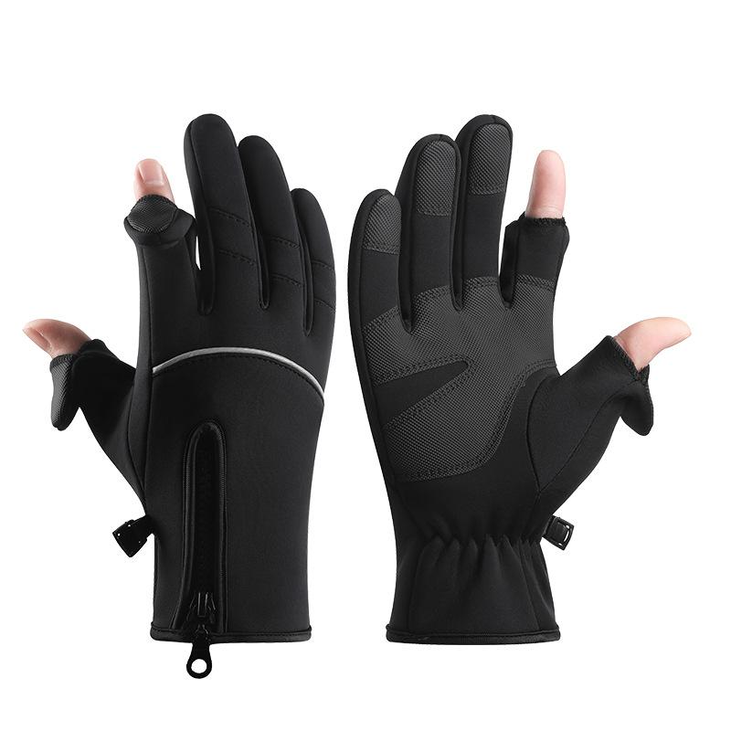 Cycling Gloves Men's Winter Zipper Touch Screen Windproof and Warm Waterproof Cycling Sports Plus Fleece Ski Gloves Adjustable