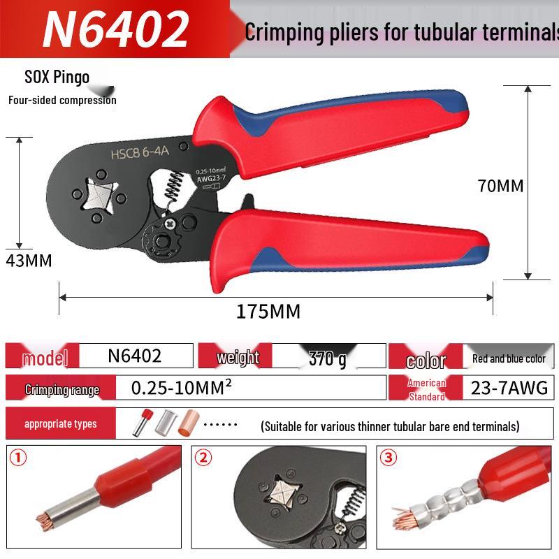 HSC8 6-4 Insulated Tubular Terminal Crimping Pliers Set