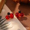 European Retro Geometric Red Metal Earrings with Pearl Flower Studs