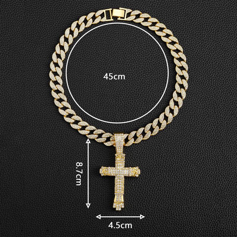 Crystal-Studded Detailed Cross Pendant with Adjustable Cuban Chain - Hip Hop Unisex Alloy Statement Necklace for Men and Women