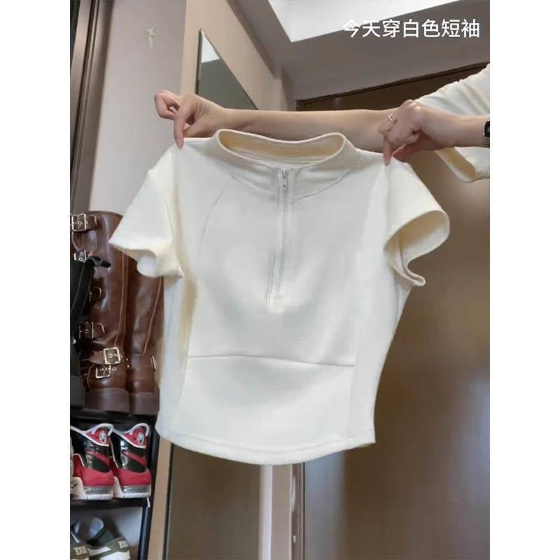 Black Solid Zipper Short Sleeve T Shirt Women Summer Slim Fit Design Waist top