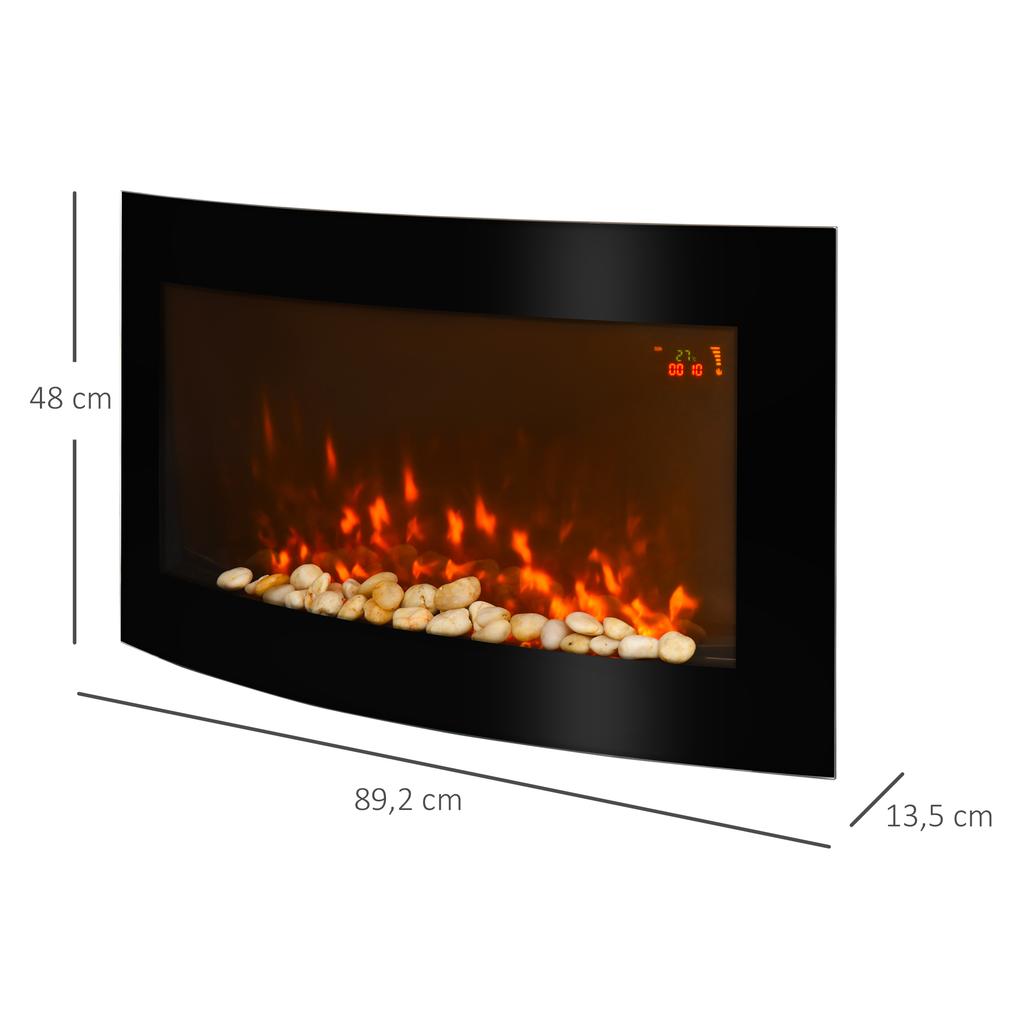 Elektrický nástěnný krb s topením, LED efekt plamene, 7 barev plamene, 1000/2000 W, časovač, nastavitelný termostat, dálkové ovládání, černý, 89,2 cm