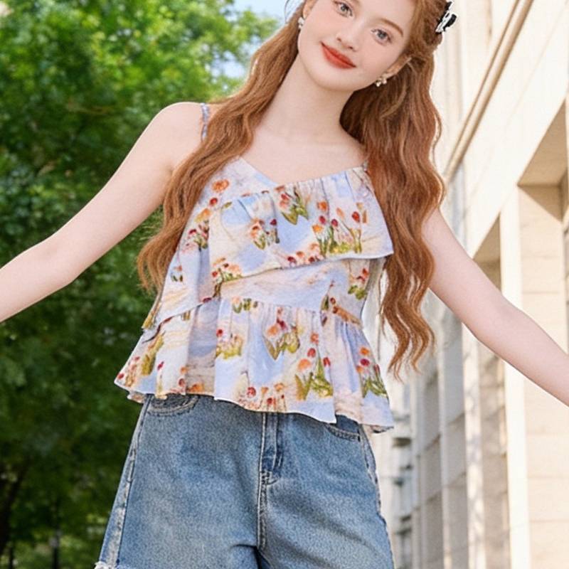 Summer Floral Ruffle Sleeveless Tank Top For Women With Polyester Fabric
