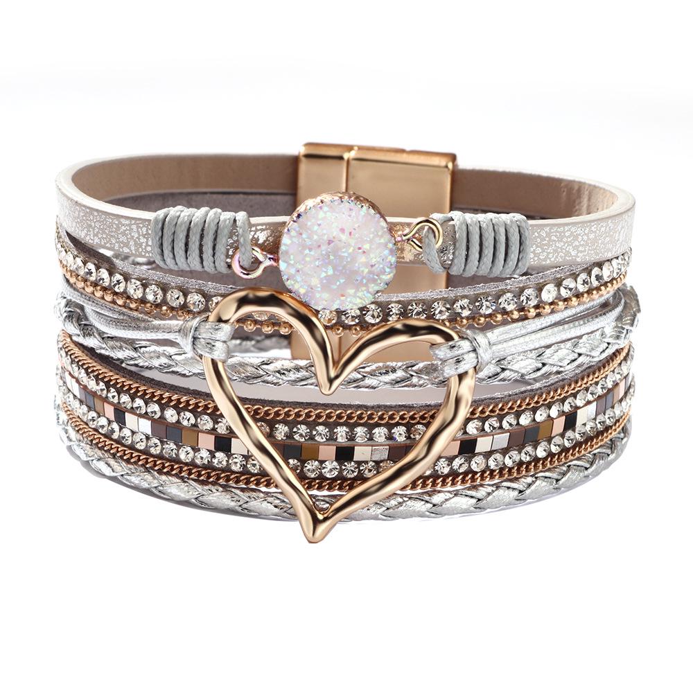 Bohemian Heart Rhinestone Magnetic Clasp Faux Leather Bracelet for Women