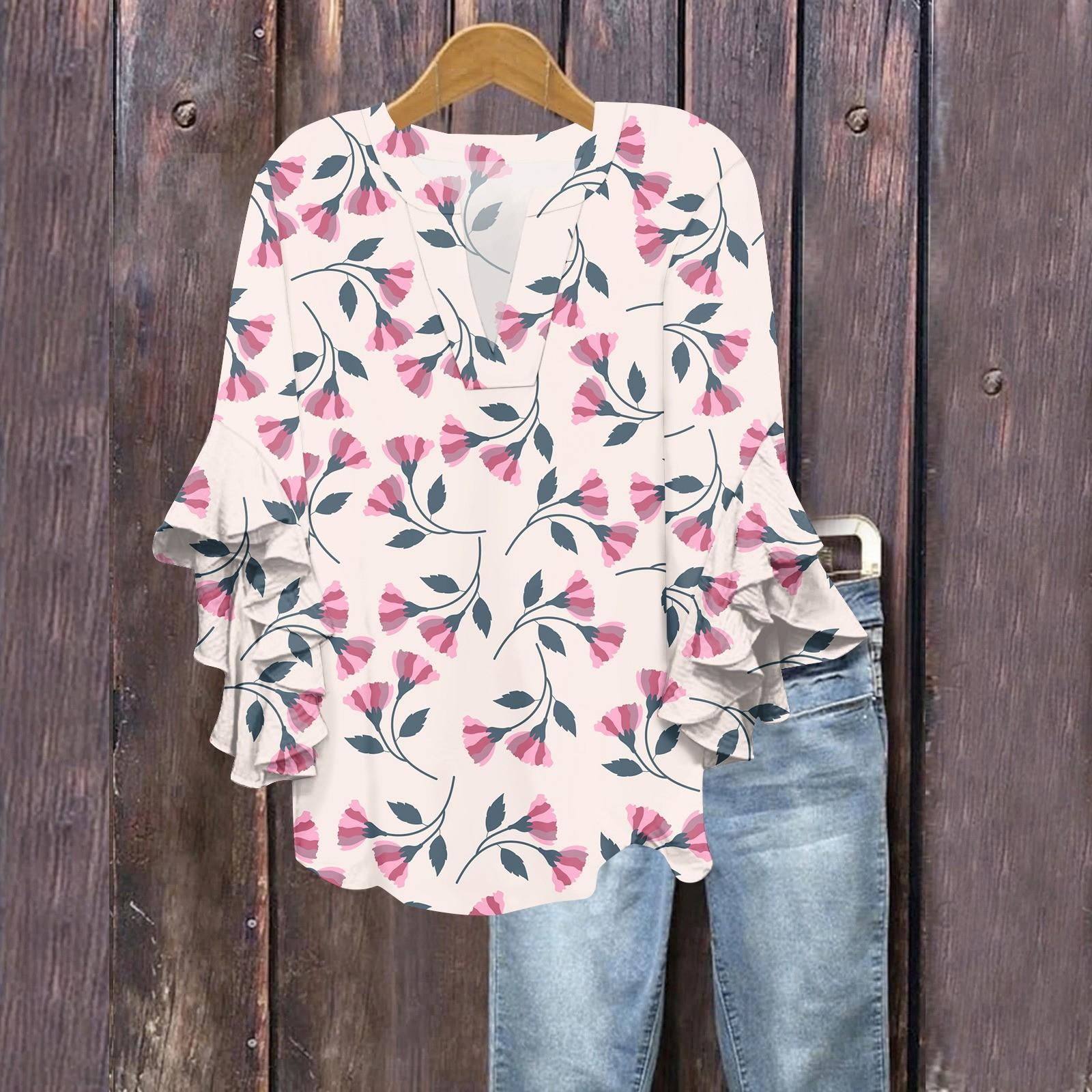 

Літні топи для жінок Милі блузки з V-подібним вирізом та рукавом 3/4 Топ з квітковим принтом Повсякденні сорочки S