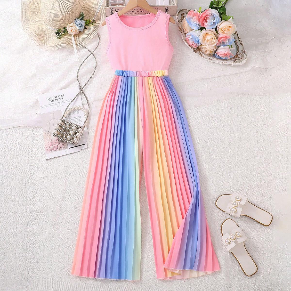 

Костюм для девочек 2025 Лето Короткий безрукавный жилет + цветные плиссированные брюки Комплект из двух предметов 10Y розовый